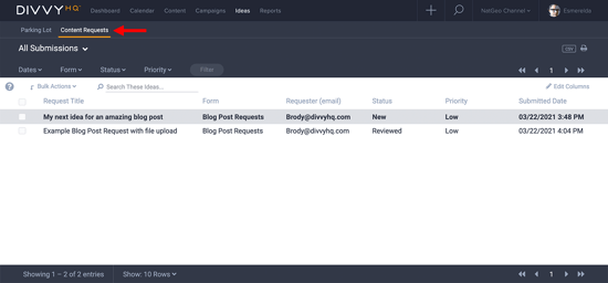 Ideas > Content Requests List View