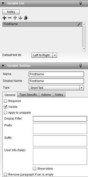 variable list panel