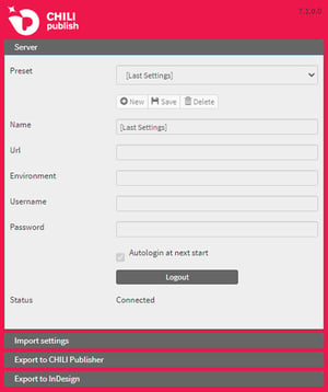 Server tab of the CHILI Converter extension