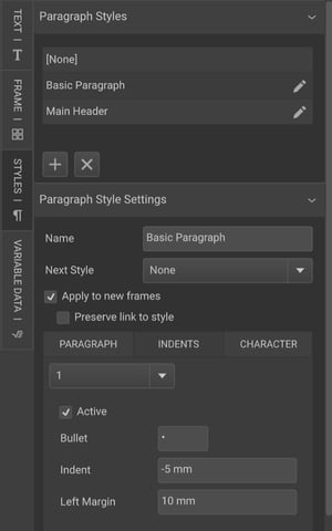 Paragraph styles panel