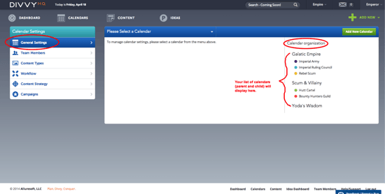 Calendar organization options