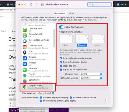 Notifications panel