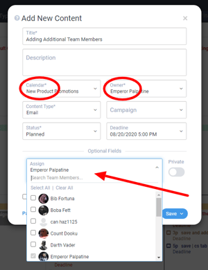 Adding team members to content item