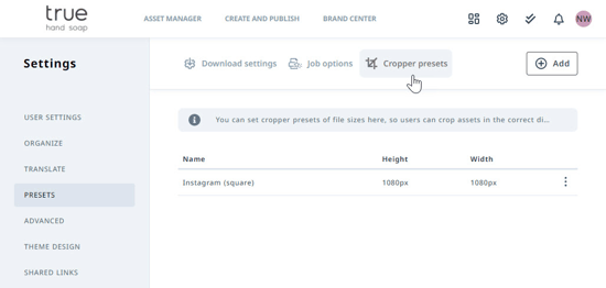 Cropper Presets&nbsp; tab