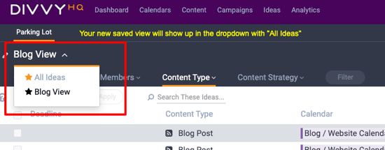Saved views dropdown