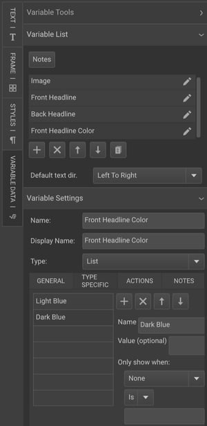 Variables list panel