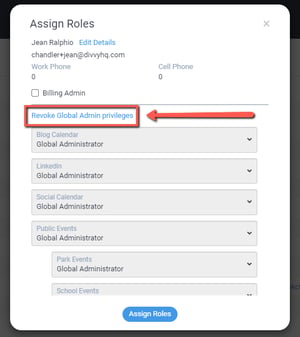 Revoke Global Admin Privileges button