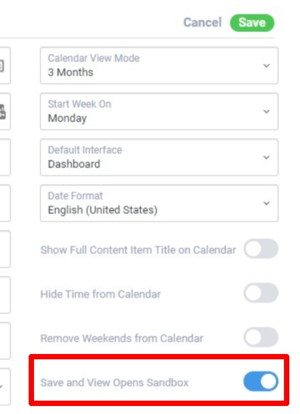 Save and view opens sandbox toggle