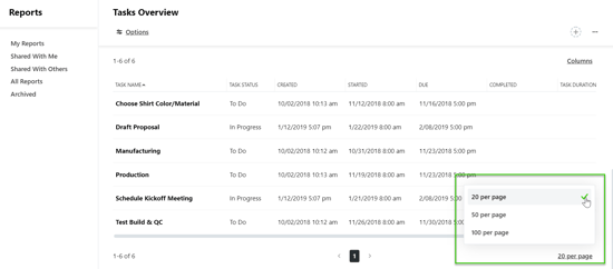 Results per page option