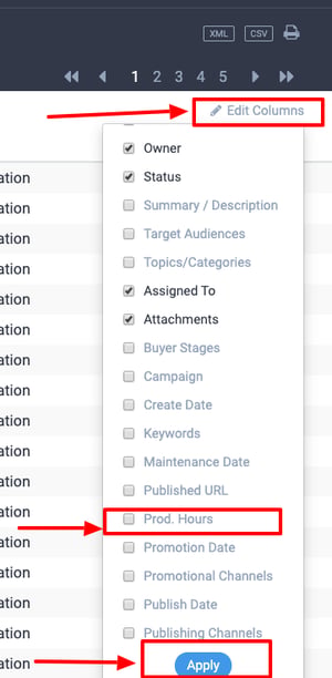 Edit Columns drop-down menu