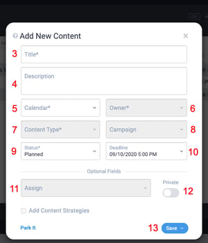 content item creation fields