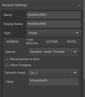 Variable settings panel