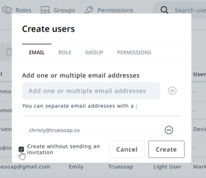 Create without sending an invitation checkbox