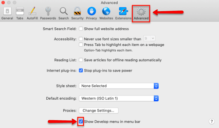 Show Develop menu in menu bar button
