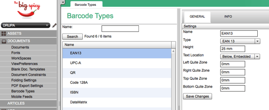 barcode types panel
