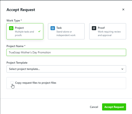 Copying Request Files to Associated Work checkbox