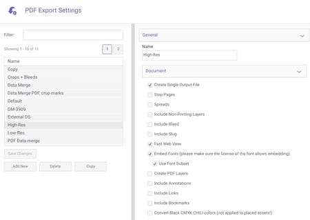 PDF export settings