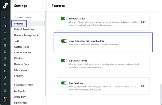 Share Calendar with Stakeholders toggle