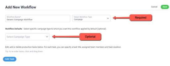 Workflow optional and required fields