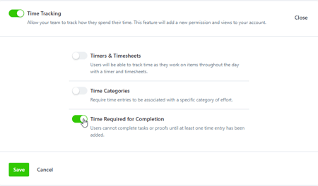 Time Required for Completion toggle