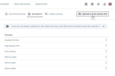 Upload a print option file button