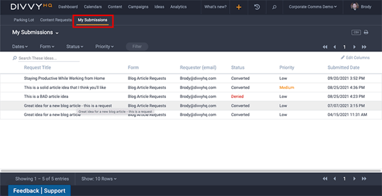 My submissions interface