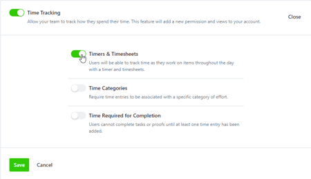 Timers & Timesheets toggle