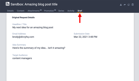 Sandbox > Brief tab