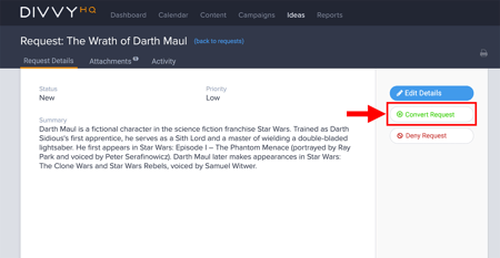 content request detail view - convert request