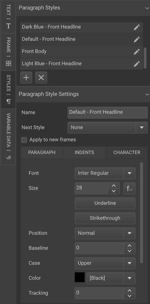  paragraph/character style panel