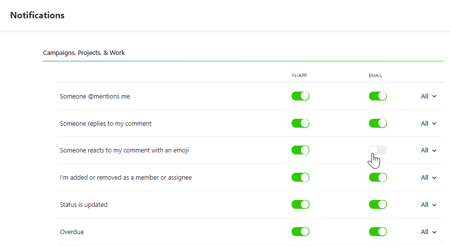 Email Notifications toggles