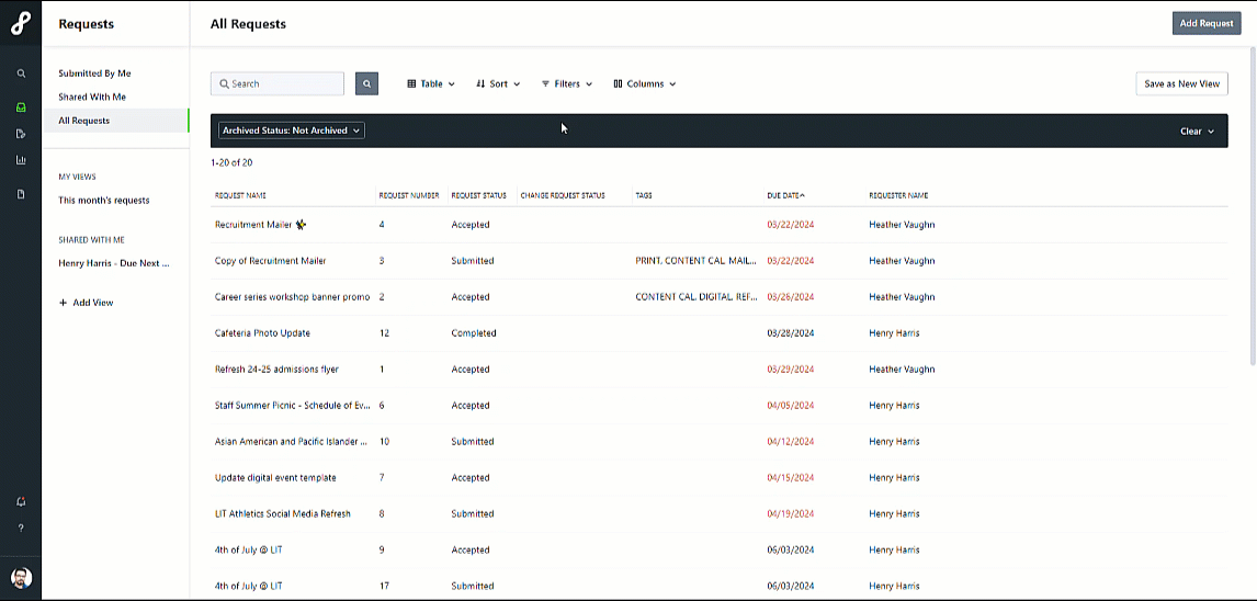 request custom views filters